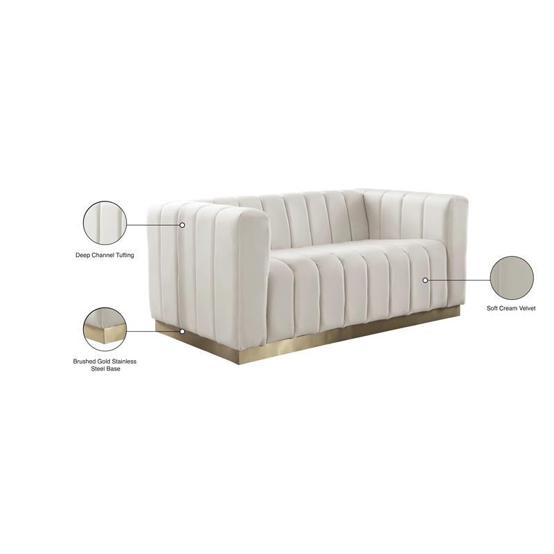 Pemberly Row Contemporary Velvet/Stainless Steel Loveseat in Cream/Brushed Gold