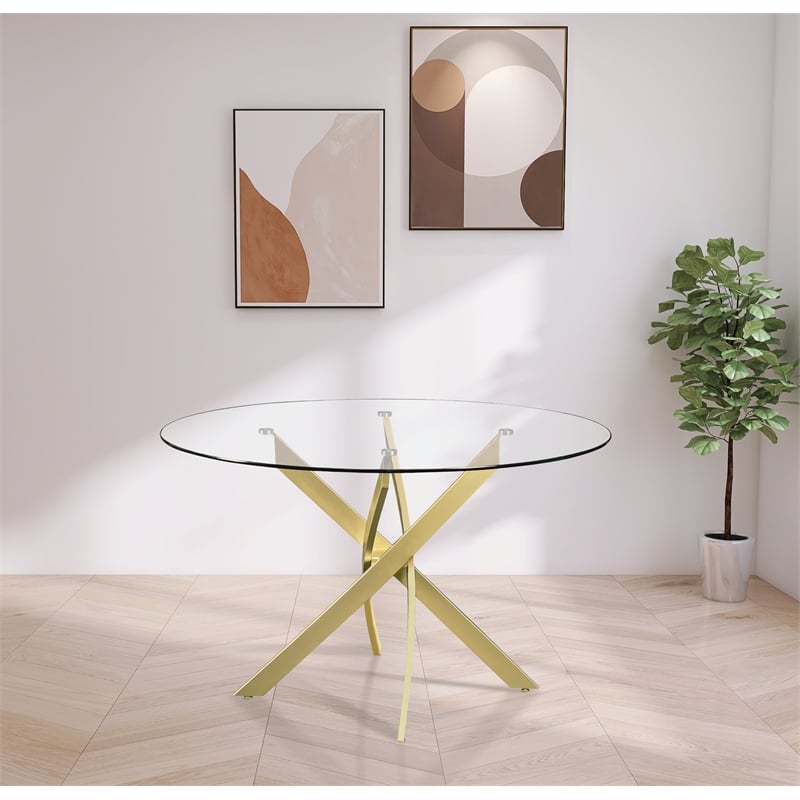 Pemberly Row Contemporary Glass Dining Table in Brushed Gold