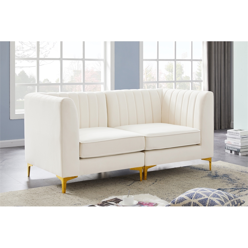 Pemberly Row Contemporary Velvet Modular Sofa with Deep Channel Tufting in Cream