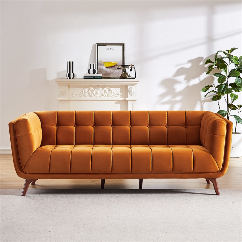 Pemberly Row Rectangular Tufted Back Velvet Upholstered Sofa in Orange
