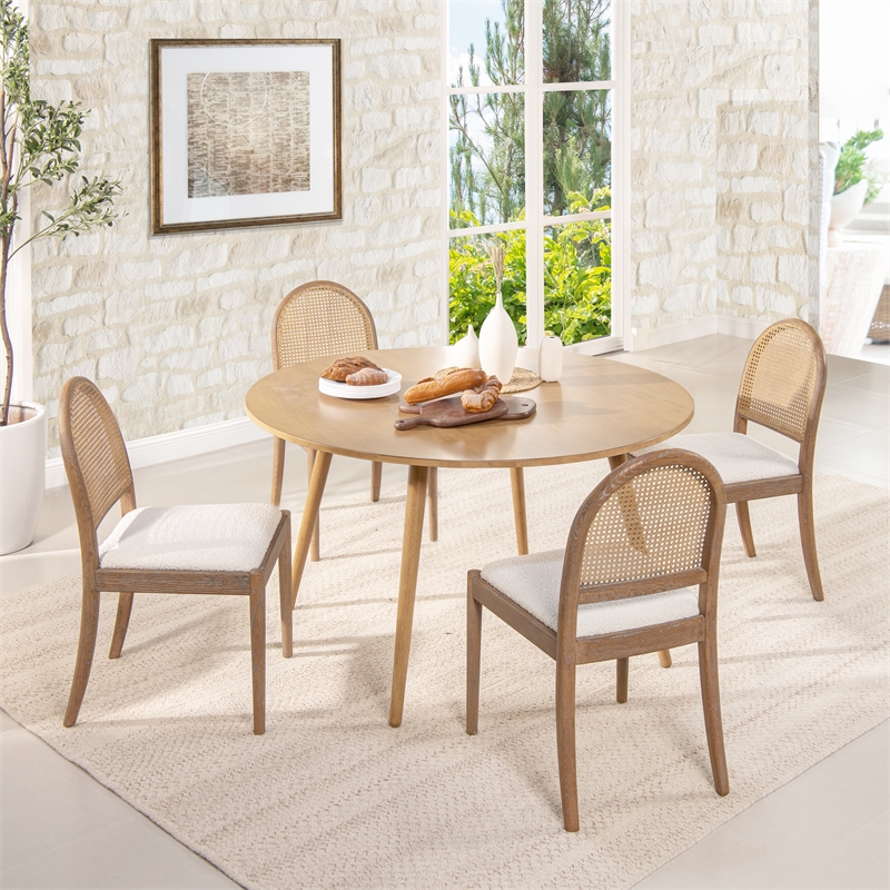 Pemberly Row Curved Cane Rattan Side Dining Chair Set of 2 Ivory White Boucle