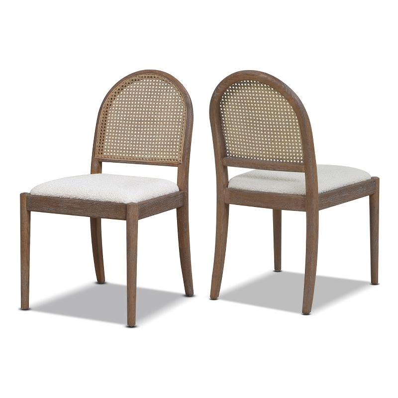 Pemberly Row Curved Cane Rattan Side Dining Chair Set of 2 Ivory White Boucle
