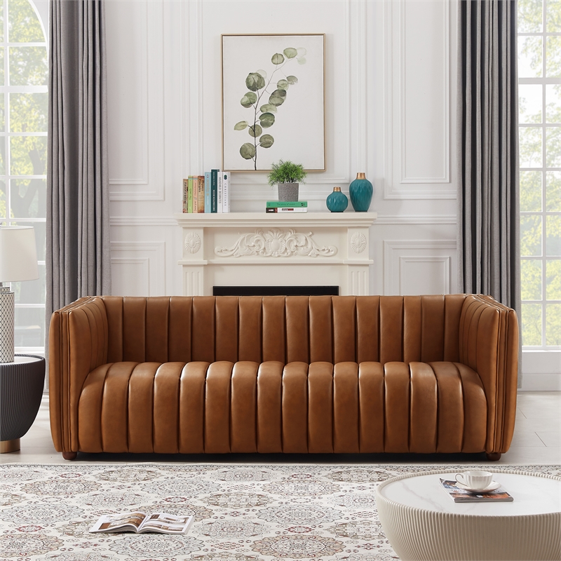 Pemberly Row Modern Luxry Tight Back Geniune Leather Couch in Cognac Tan