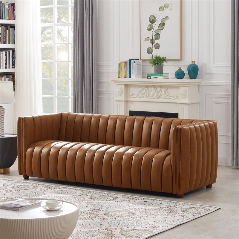 Pemberly Row Modern Luxry Tight Back Geniune Leather Couch in Cognac Tan