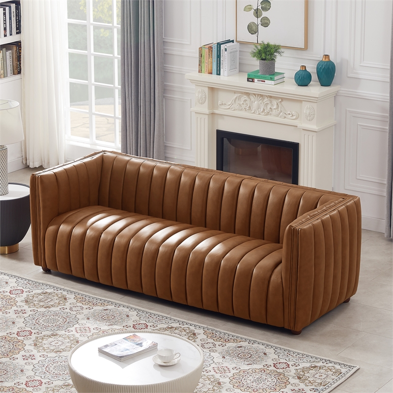 Pemberly Row Modern Luxry Tight Back Geniune Leather Couch in Cognac Tan