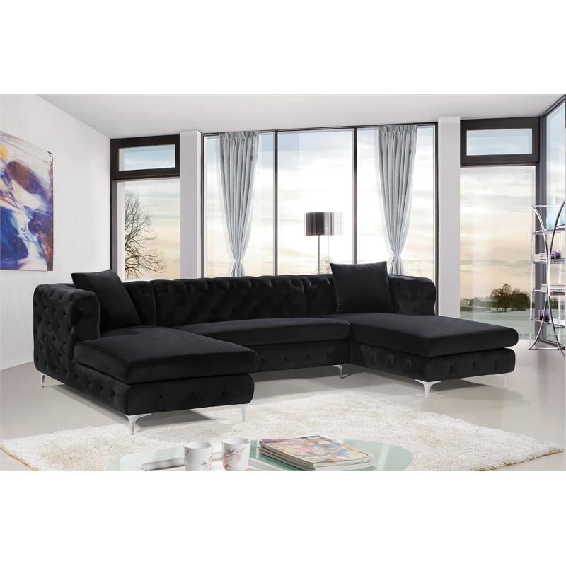 Pemberly Row Modern / Contemporary 3pc Velvet Sectional in Black
