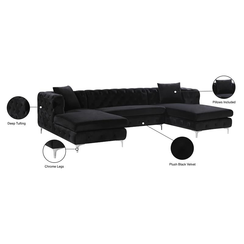 Pemberly Row Modern / Contemporary 3pc Velvet Sectional in Black