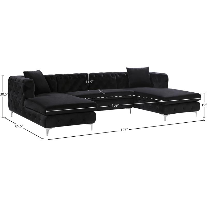 Pemberly Row Modern / Contemporary 3pc Velvet Sectional in Black