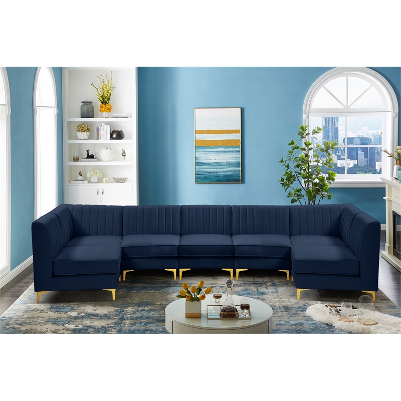 Pemberly Row Contemporary Velvet Modular Sectional in Soft Navy