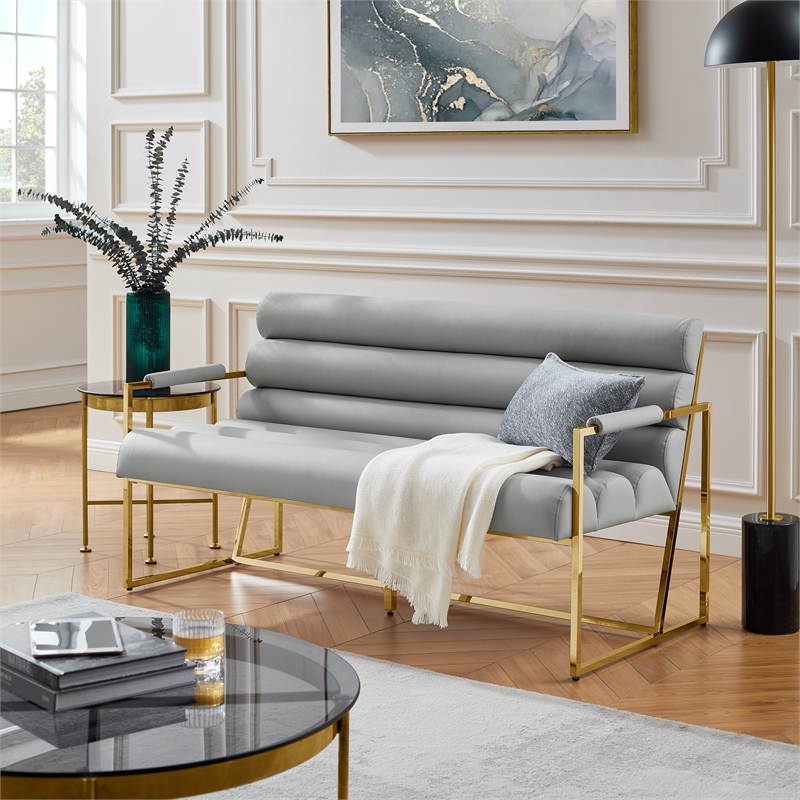 Pemberly Row Modern / Contemporary Leather Settee Loveseat Gray/Gold