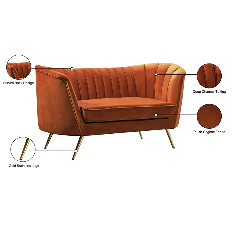 Pemberly Row Modern / Contemporary Cognac Velvet Loveseat in Mahogany