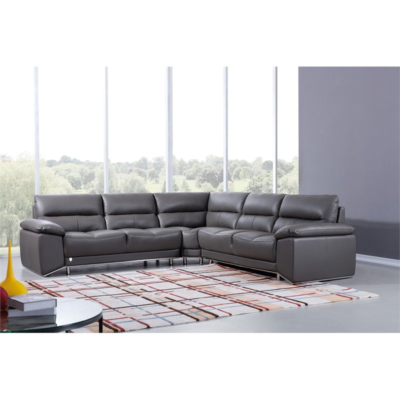 Pemberly Row Modern Italian Leather Sectional in Dark Gray Finish