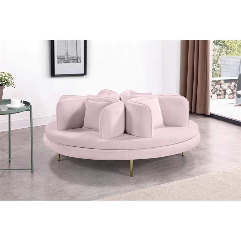 Pemberly Row Contemporary Velvet Roundabout Sofa with Iron Legs in Pink