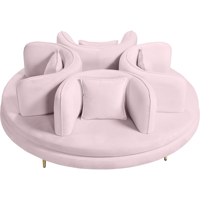 Pemberly Row Contemporary Velvet Roundabout Sofa with Iron Legs in Pink