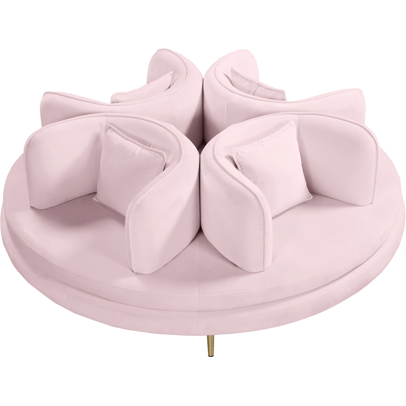 Pemberly Row Contemporary Velvet Roundabout Sofa with Iron Legs in Pink