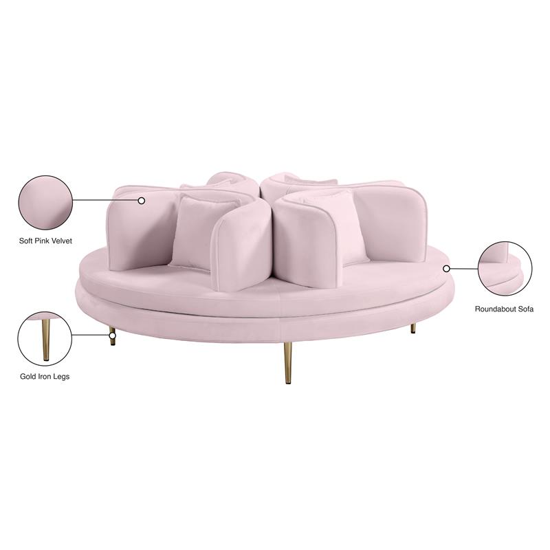 Pemberly Row Contemporary Velvet Roundabout Sofa with Iron Legs in Pink