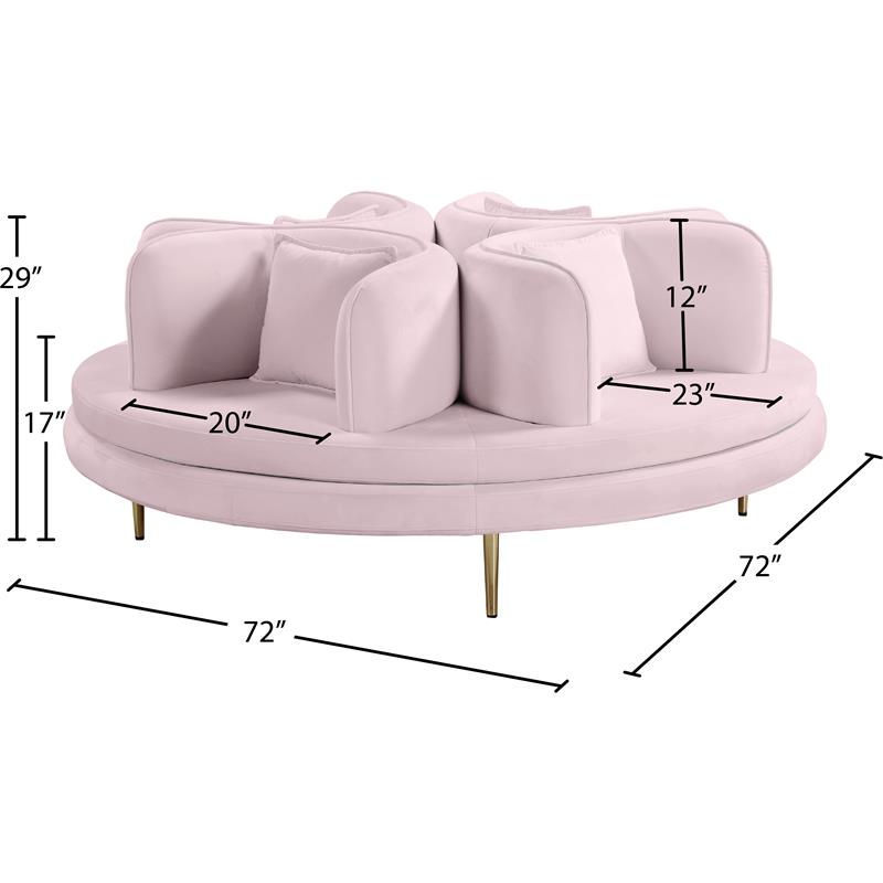 Pemberly Row Contemporary Velvet Roundabout Sofa with Iron Legs in Pink