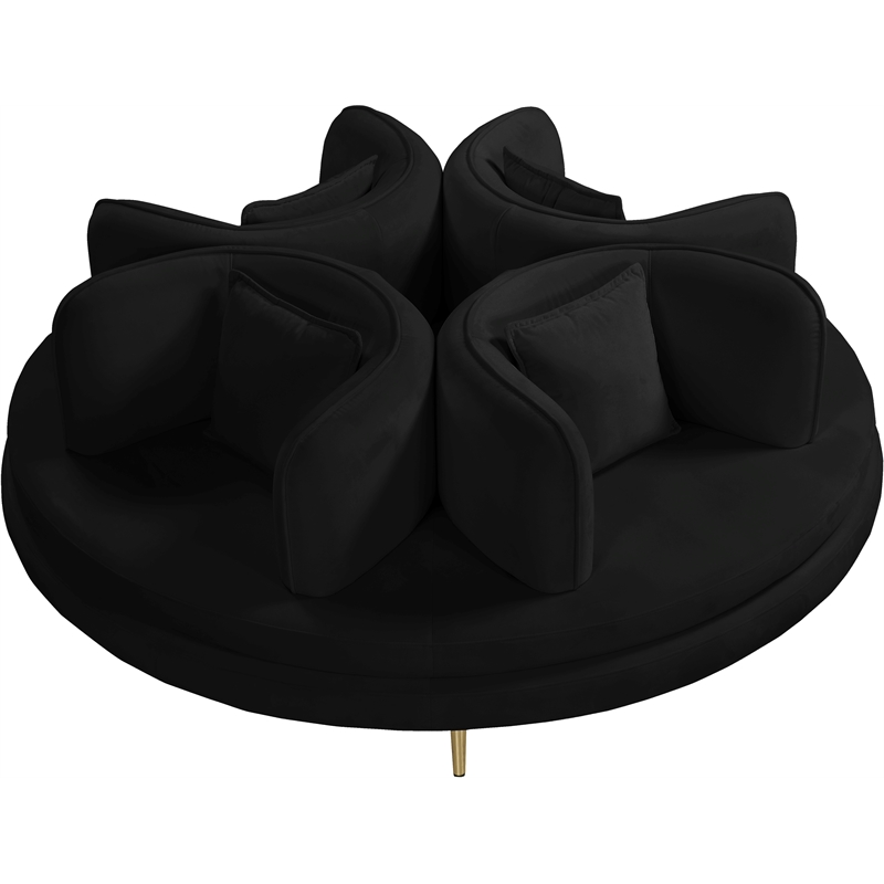 Pemberly Row Contemporary Velvet Black Roundabout Sofa with Iron Legs in Black