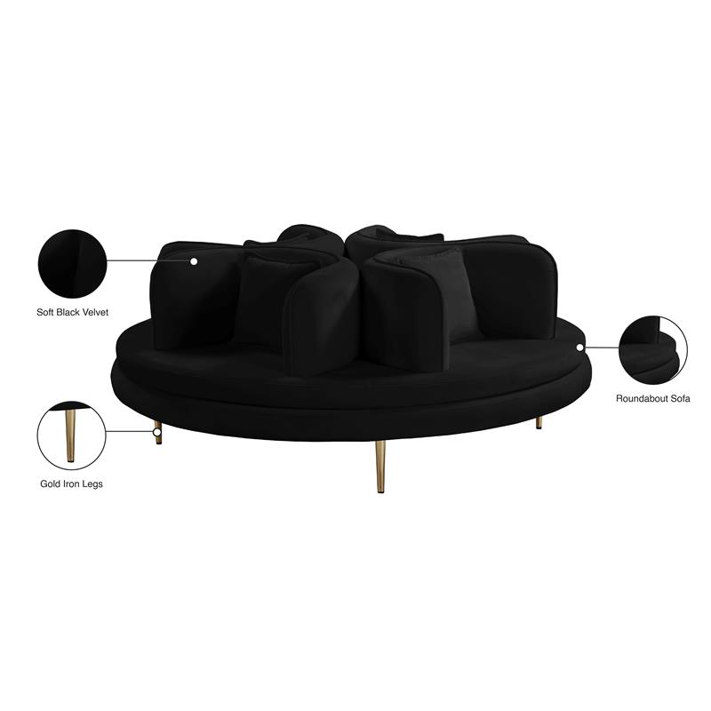 Pemberly Row Contemporary Velvet Black Roundabout Sofa with Iron Legs in Black