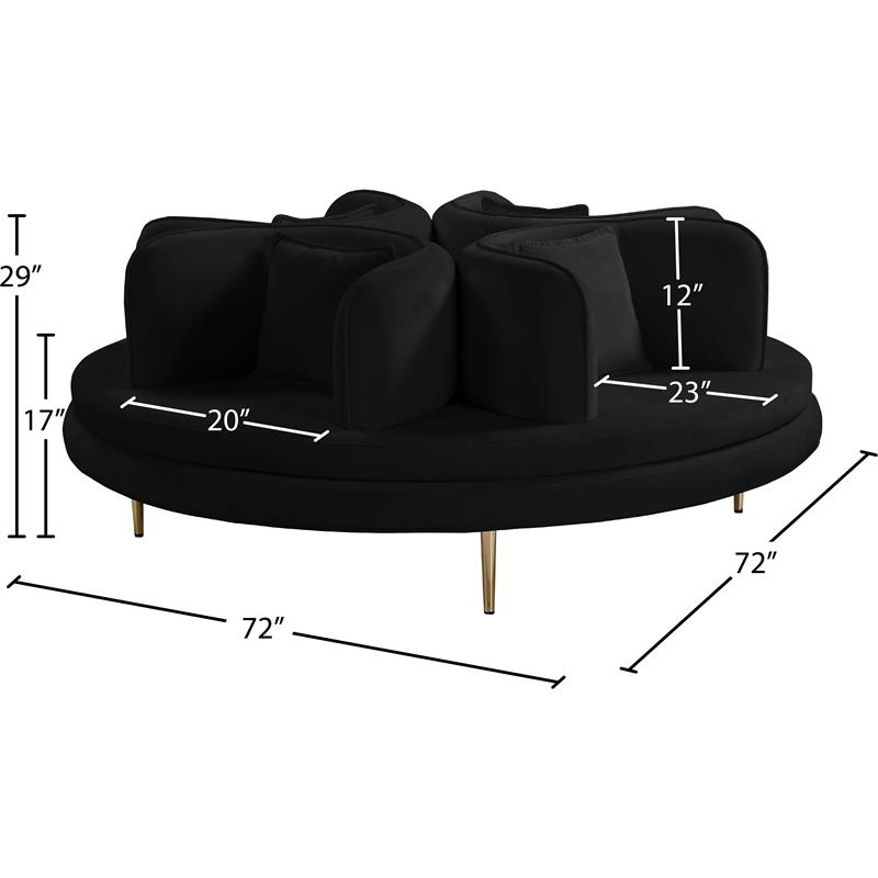 Pemberly Row Contemporary Velvet Black Roundabout Sofa with Iron Legs in Black