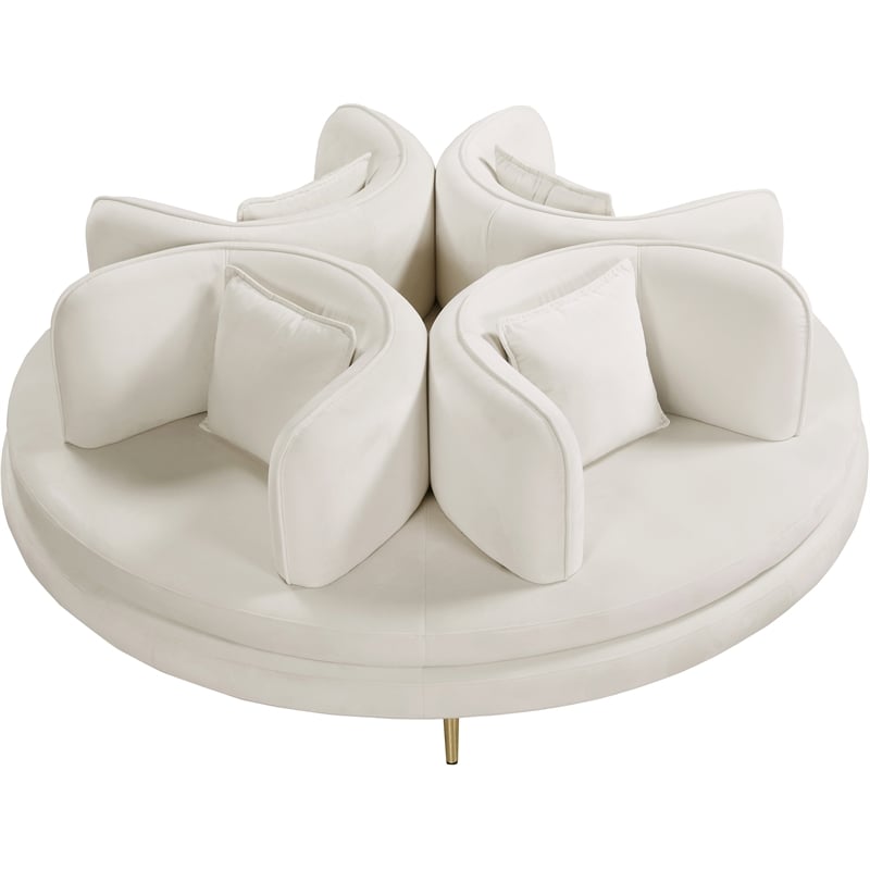Pemberly Row Contemporary Velvet Cream Roundabout Sofa with Iron Legs in Cream