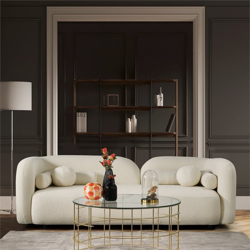 Pemberly Row Luxury Modern Ivory Boucle Fabric Curvy Arm Couch