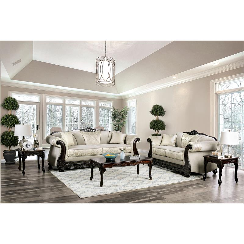Pemberly Row Traditional Chenille Upholstered Loveseat in Ivory
