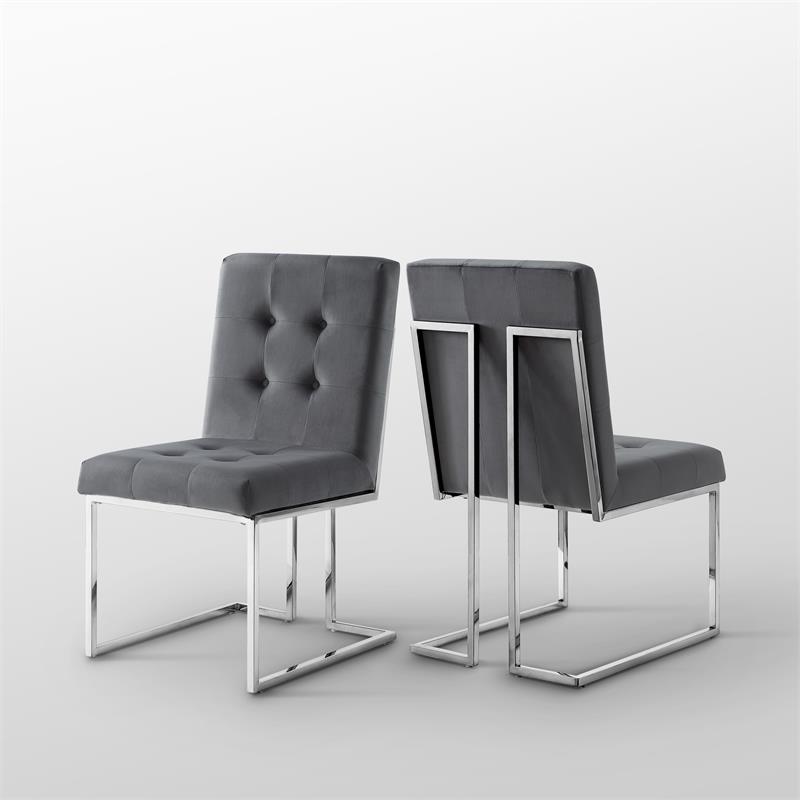 Pemberly Row Velvet Dining Side Chair in Gray/Chrome (Set of 2)