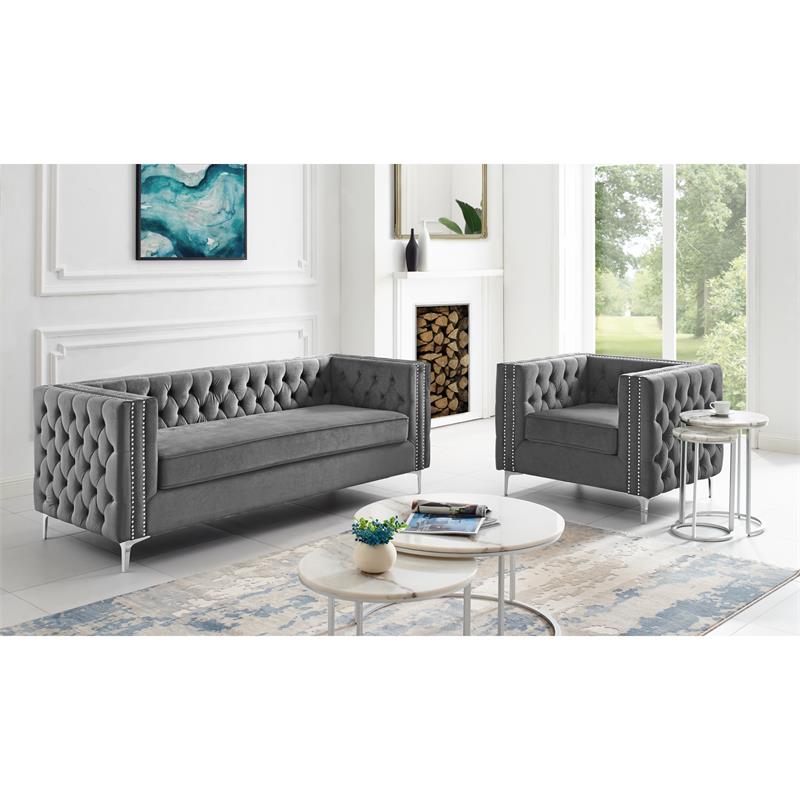 Pemberly Row Tufted Velvet 3-Seat Sofa with Nailhead Trim in Gray