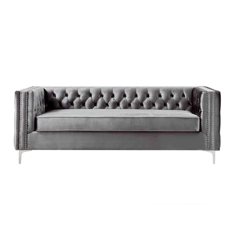 Pemberly Row Tufted Velvet 3-Seat Sofa with Nailhead Trim in Gray