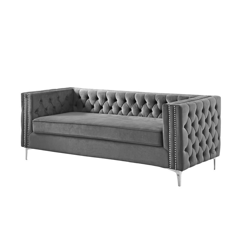 Pemberly Row Tufted Velvet 3-Seat Sofa with Nailhead Trim in Gray