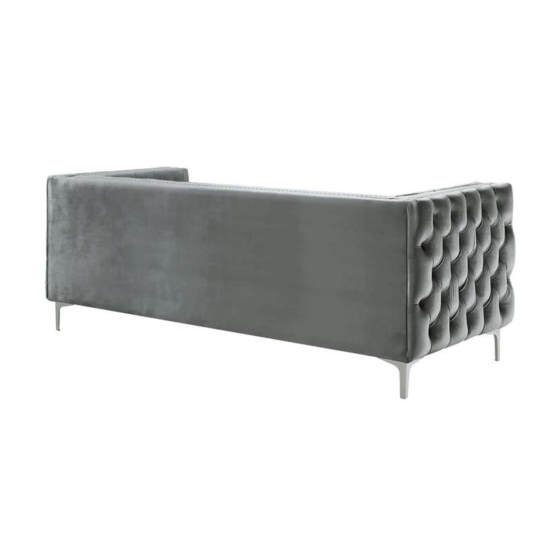 Pemberly Row Tufted Velvet 3-Seat Sofa with Nailhead Trim in Gray