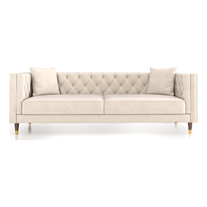 Pemberly Row Mid Century Modern Tufted Cream Velvet Living Room Couch
