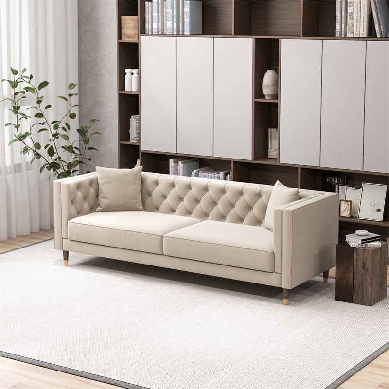 Pemberly Row Mid Century Modern Tufted Cream Velvet Living Room Couch