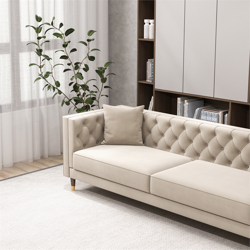 Pemberly Row Mid Century Modern Tufted Cream Velvet Living Room Couch