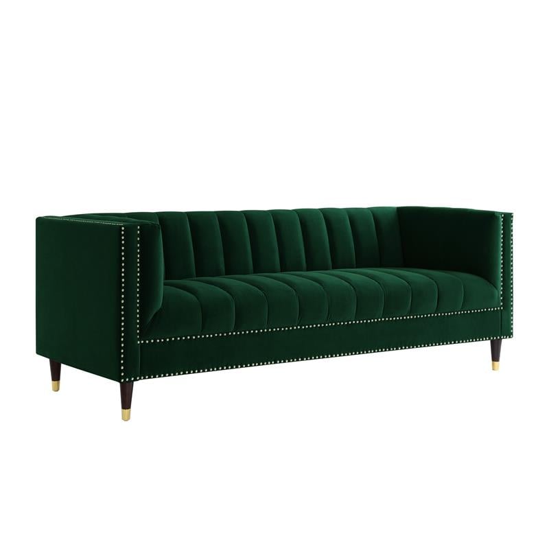 Pemberly Row Tufted Velvet Sofa with Nailhead Trim in Hunter Green/Gold