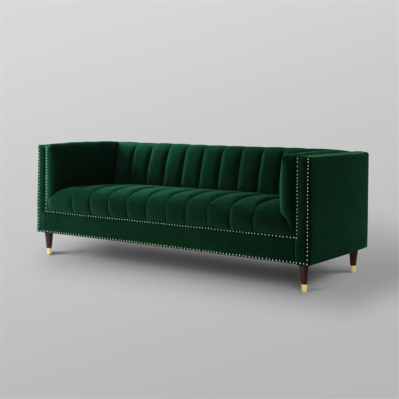 Pemberly Row Tufted Velvet Sofa with Nailhead Trim in Hunter Green/Gold