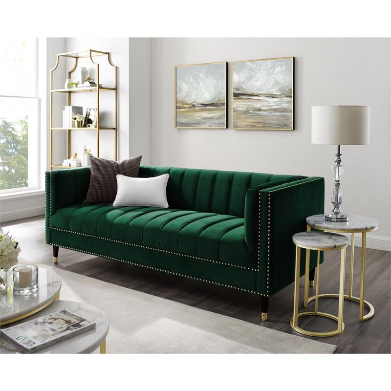 Pemberly Row Tufted Velvet Sofa with Nailhead Trim in Hunter Green/Gold
