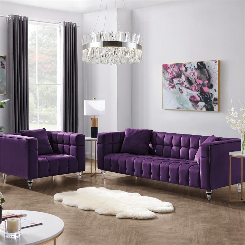 Pemberly Row Sofa Purple Velvet Biscuit Tufted Lucite Leg Sinuous Springs