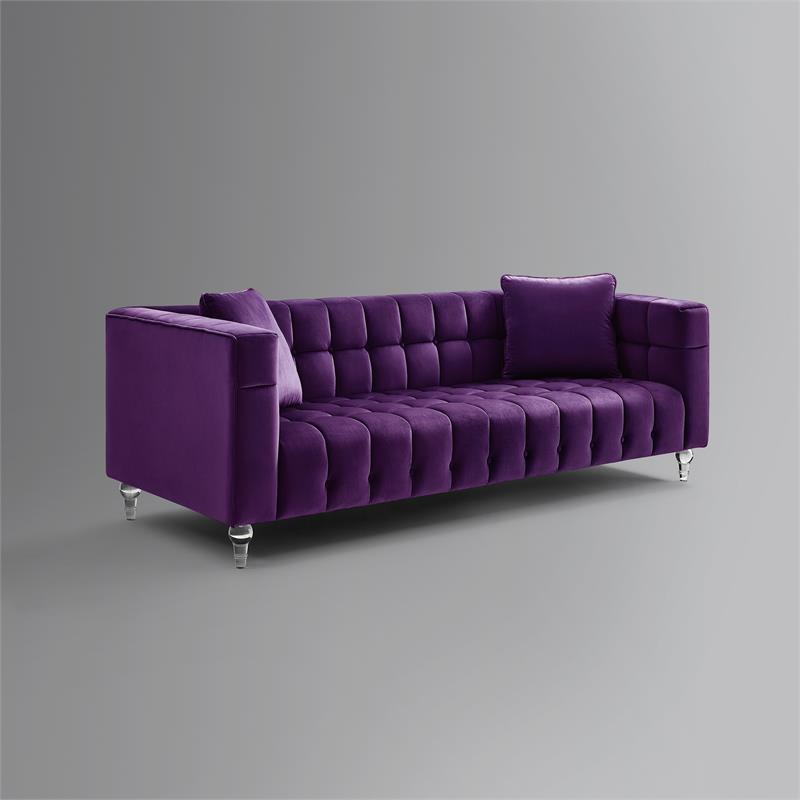 Pemberly Row Sofa Purple Velvet Biscuit Tufted Lucite Leg Sinuous Springs