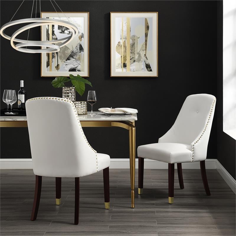 Pemberly Row Faux Leather Dining Chair with Nailhead White/Gold (Set of 2)