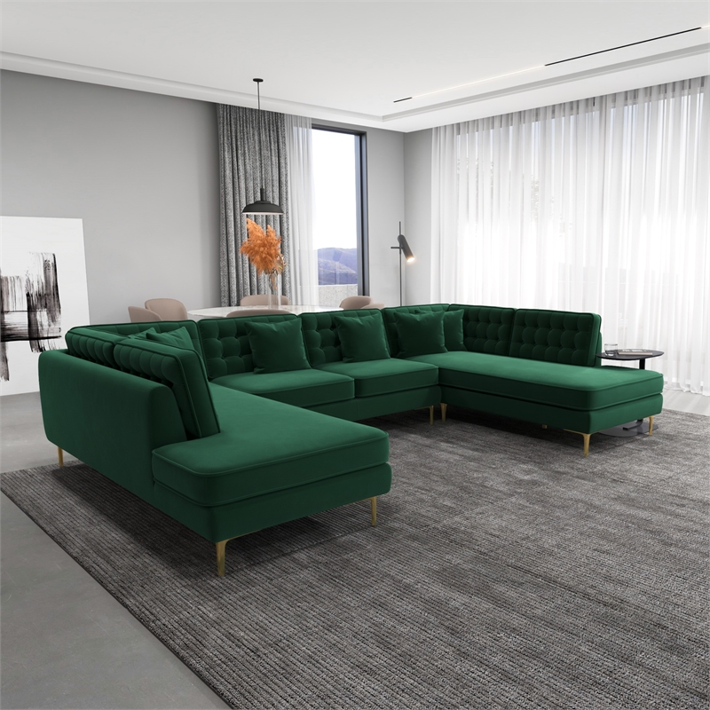 Pemberly Row Modern Living Room U-Shaped Velvet Corner Sectional Couch in Green