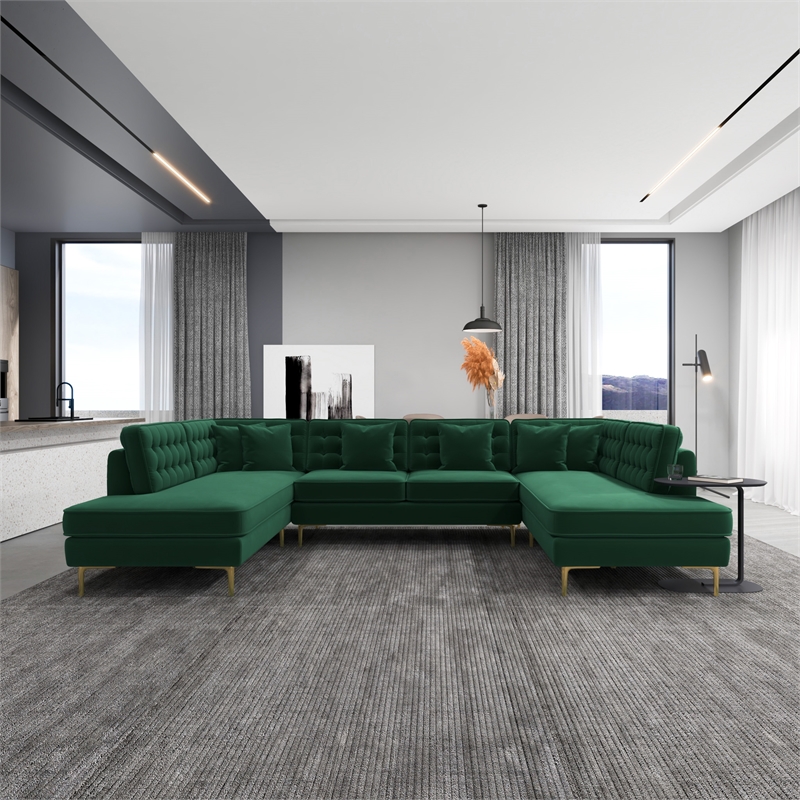 Pemberly Row Modern Living Room U-Shaped Velvet Corner Sectional Couch in Green