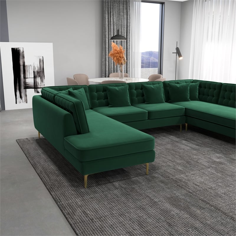 Pemberly Row Modern Living Room U-Shaped Velvet Corner Sectional Couch in Green