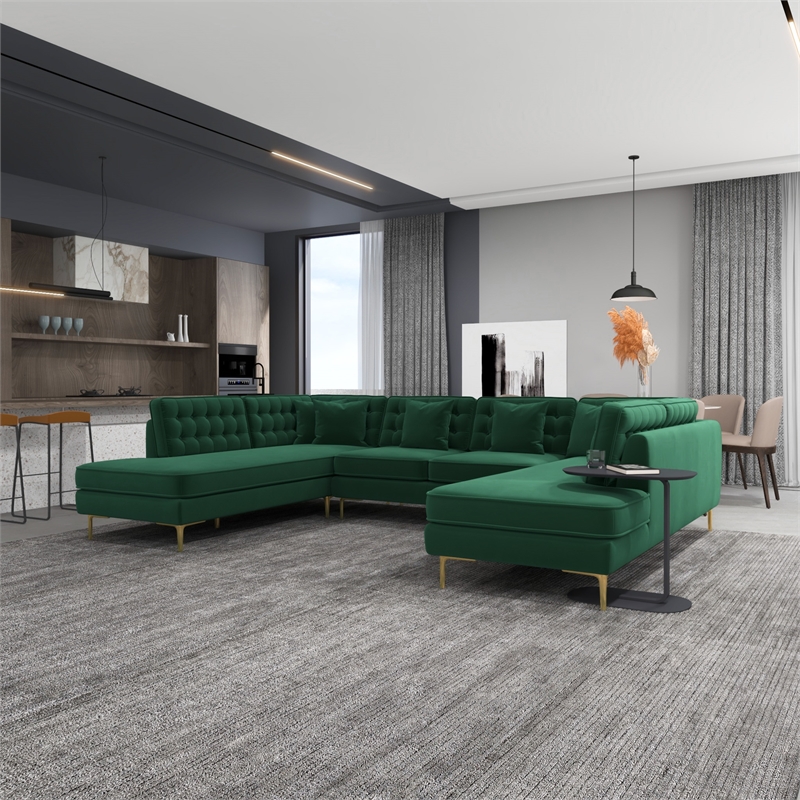 Pemberly Row Modern Living Room U-Shaped Velvet Corner Sectional Couch in Green