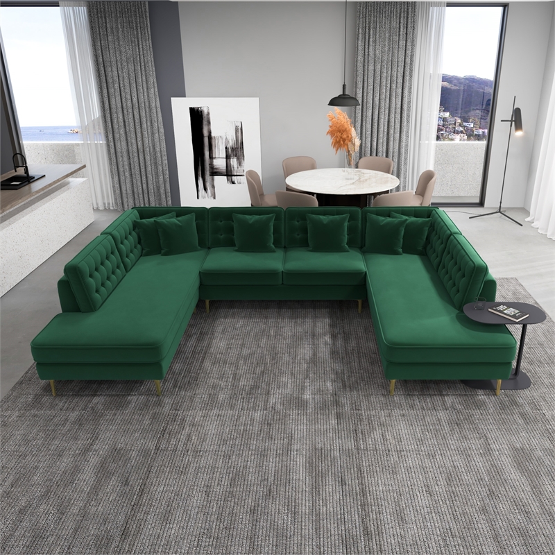Pemberly Row Modern Living Room U-Shaped Velvet Corner Sectional Couch in Green