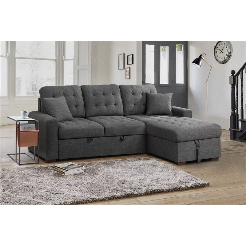 Pemberly Row 2 PC Fabric Sectional w/ Pull-out Bed & Right Chaise in Dark Gray