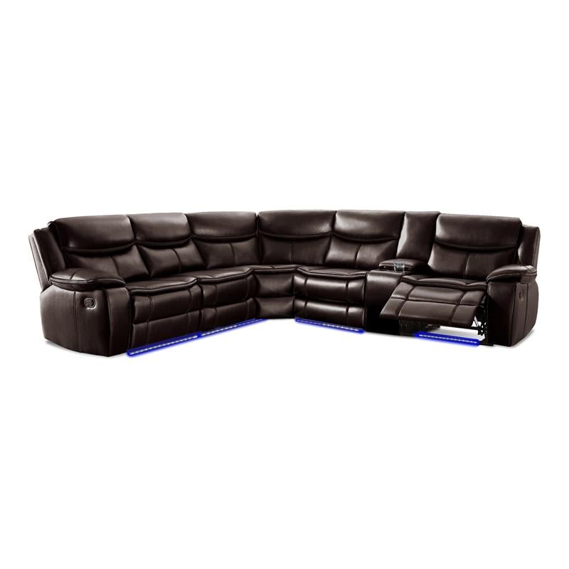 Pemberly Row Leather/ Solid Wood Motion Sectional with Two Recliners in Espresso
