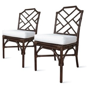 Pemberly Row 21&quot Coastal Fabric & Rattan Dining Chair in Brown/White (Set of 2)