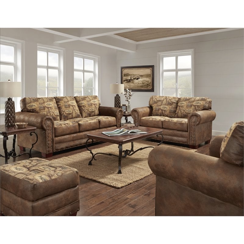 Pemberly Row Traditional Microfiber River Bend Sofa in Brown